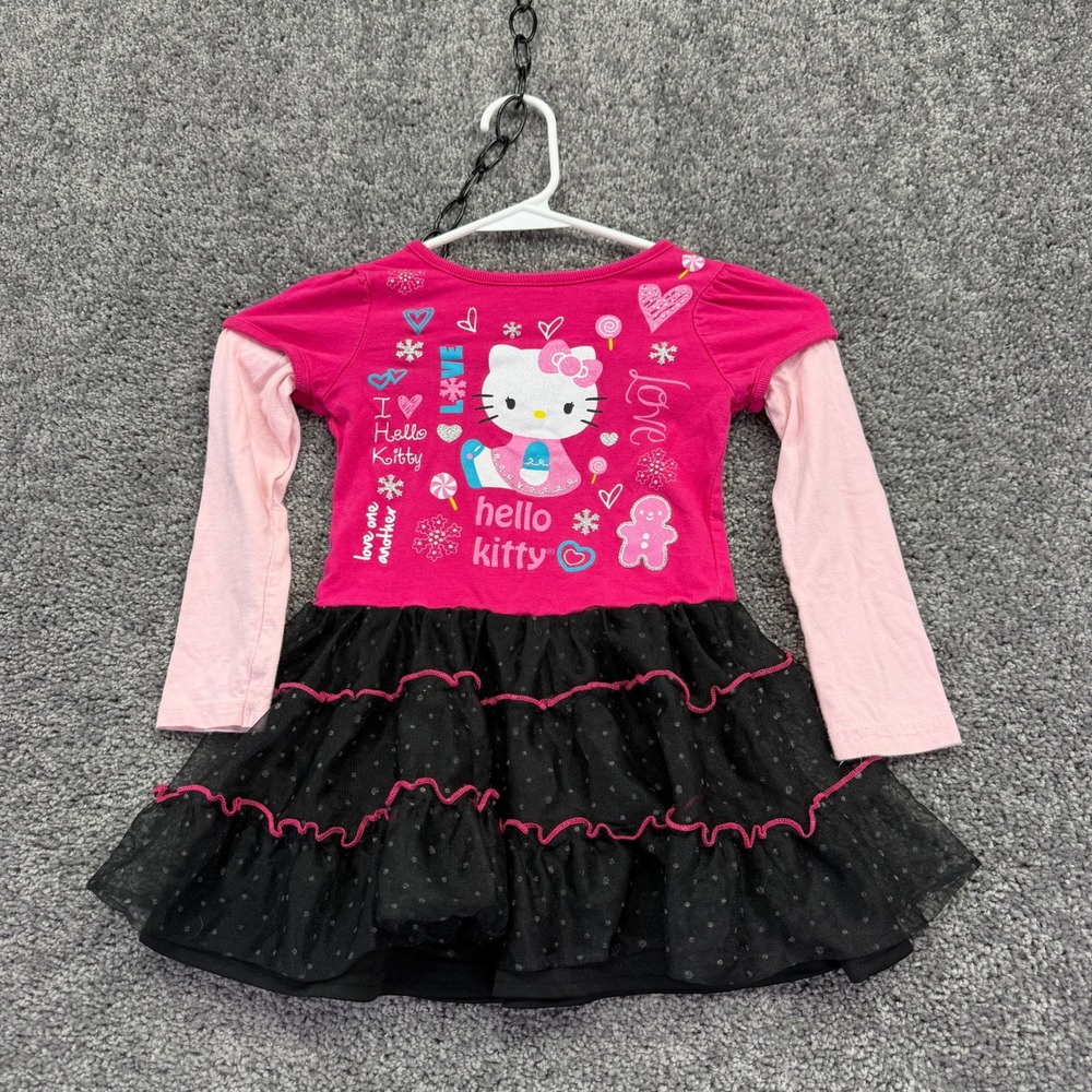 Hello Kitty Dress Girls 4T Pink Posey Black Tutu Ruffle Long Sleeve Sanrio Heart